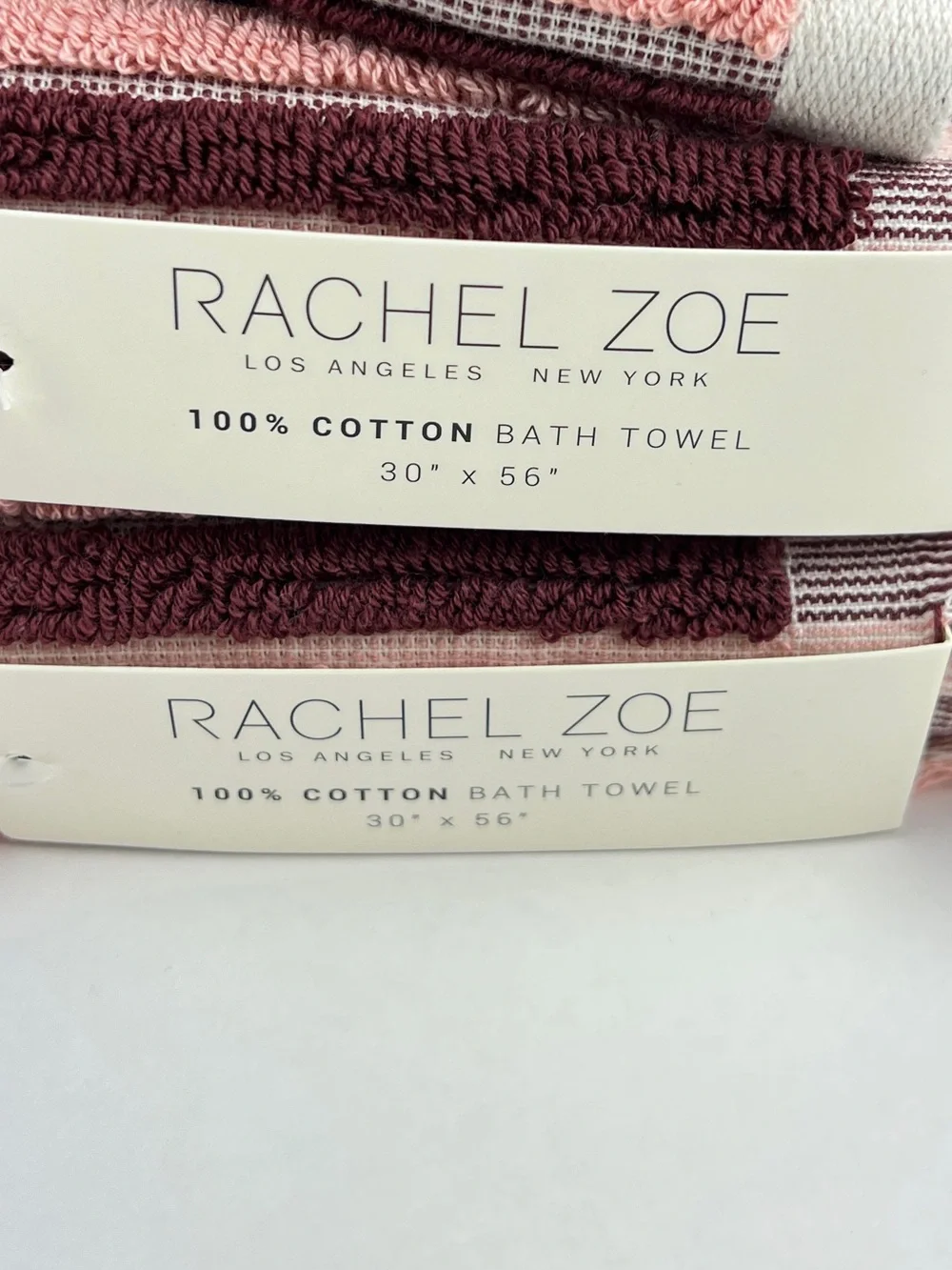 Rachel Zoe Pink & Burgundy Striped Cotton Bath Towels with Fringe 2 Pc Set NEW